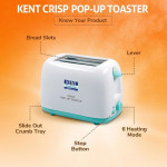 Kent 16105 Crisp Pop Up Toaster 750 Watts | 2 Slice Automatic Pop Up Electric Toaster | 6 Heating Modes | Auto Shut Off | Removable Bread Crumbs Tray