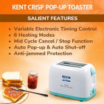 Kent 16105 Crisp Pop Up Toaster 750 Watts | 2 Slice Automatic Pop Up Electric Toaster | 6 Heating Modes | Auto Shut Off | Removable Bread Crumbs Tray